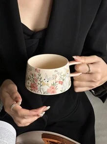 1 Set Cute Rabbit Coffee Cup & Saucer Set - Vintage Ceramic, Suitable For Afternoon Tea, Also Perfect For Parties, Thanksgiving, And Back To School Season - Rabbit In the Flowers Coffee Cup and Saucer - View 4