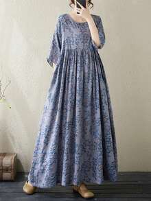 上衣，中国春节，2026 女士大码优雅连衣裙，夏季圆领短袖大摆印花日常连衣裙，波西米亚休闲度假沙滩裙 - 藍色 - 查看 2