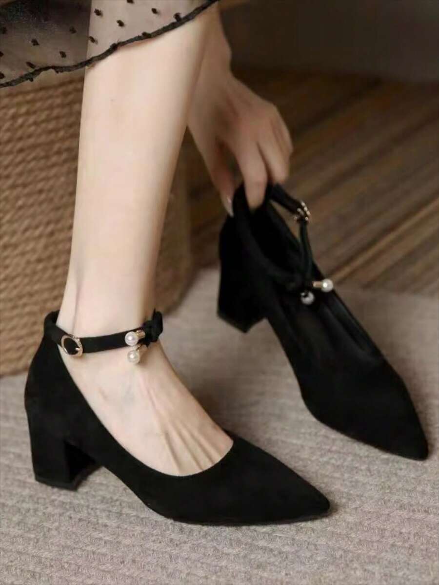 Black Dress Pearls Mid Heel Pumps For Women, French Style Elegant Formal Shoes Suitable For Skirts, Spring