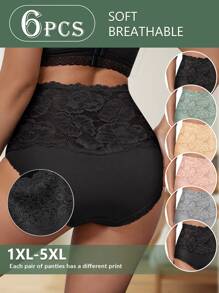 6pcs Plus Size Women's High Waist Lace Patchwork Cotton Briefs, Jacquard Pattern - Multicolor - View 3