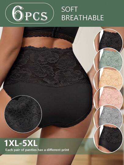 6 件大码女式高腰蕾丝拼布棉质内裤，提花图案