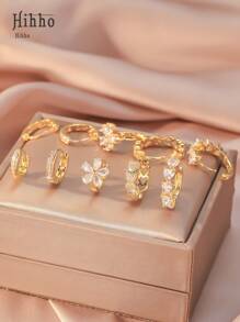 Hihho 10 pièces/set (avec boîte cadeau blanche élégante) Boucles d'oreilles simples en forme de cœur doré et de fleur, parfaites pour les tenues de tous les jours des filles et les cadeaux pour la Saint-Valentin