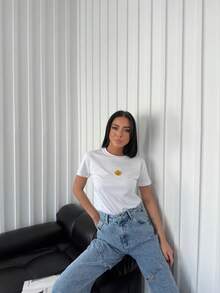 Women Embroidery Sun White T-Shirt, Casual Everyday Wear - White - View 2