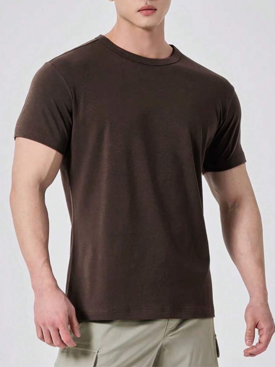 Plain Basic Short Sleeve Cotton T-Shirts S-G3 - Coffee Brown - View 1