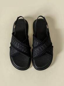 Women's Thick Sole Strap Buckle Sandals With Tassel Braided Bohemian Style, Black Retro Open Toe Non-Slip Comfortable Summer New Platform Wedge Heel Beach Roman Shoes