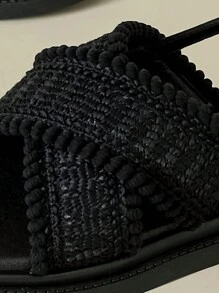 Women's Thick Sole Strap Buckle Sandals With Tassel Braided Bohemian Style, Black Retro Open Toe Non-Slip Comfortable Summer New Platform Wedge Heel Beach Roman Shoes