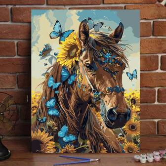 成人 DIY 丙烯颜料数字油画套装 - 无框 16x20 英寸，马匹装饰设计，蓝色蝴蝶和向日葵场景，无折痕卷彩印刷画布，配有颜料和画笔，非常适合初学者，适用于家庭墙壁装饰、数字填充和减压工艺品