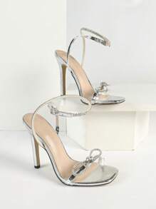 Women's Square Toe Crystal Butterfly Decor Ankle Strap Metallic High Heel Sandals, Sexy Fashion Party Sparkling Silver High Heels