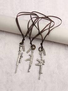 3pcs/Set Vintage Gun Shaped Alloy Pendant Fashion Necklace, Antique Silver & Bronze Color, Unisex Necklace Including Brown Leather Pendant Rope