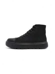 Women's Lightweight High-Top Canvas Sneakers, Breathable Comfortable Lace-Up Thick Sole Versatile White Athletic Shoes, Suitable For All Seasons - Black - View 5