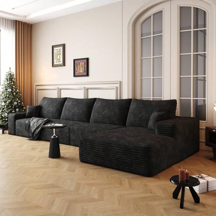 LUCKHAO 135" Cloud Sectional Couch With L-Shape Chaise,Modern Modular Sofa With Deep Seat, Upholstered Couches For Living Room Bedroom,No Assembly Required, Black(Plush Corduroy Fabric) - Ghế dài quay mặt phải + 3 chỗ ngồi (Màu đen) - Xem 1