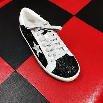  GONR 闪亮亮片星星休闲乐福鞋复古运动鞋，加大码（偏大半码），透气可拆卸鞋垫，增高 2 厘米，轻质平底，男女通用设计