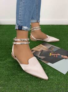StellaMeli Satin Pointed Ballet Flats With 2 Rhinestone Hooks - Beige - View 1