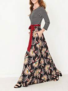 Multi Chevron Stripe Yellow, Navy And Mint Short Sleeve Maxi Long Dress With Pocket | S-3X - Đỏ tía A - Xem 3