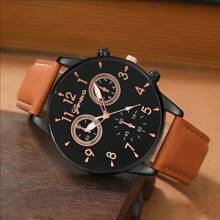 4 件套：时尚 PU 皮革表带男士商务、军事、运动石英表和皮革手链（无盒） - 黑色 - 查看 2