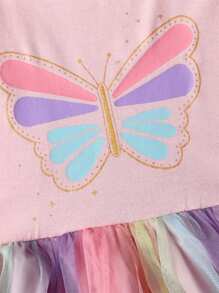 Young Girl Butterfly Print Patchwork Colorful Mesh Splice Short Sleeve Dress - Pink - View 4