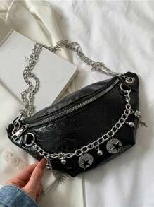 Fashion Minimalist Embossed Decor Solid Color PU Leather Large Capacity Chest Bag, Shoulder Bag, Waist Bag, Chain Chest Bag - Black - View 3