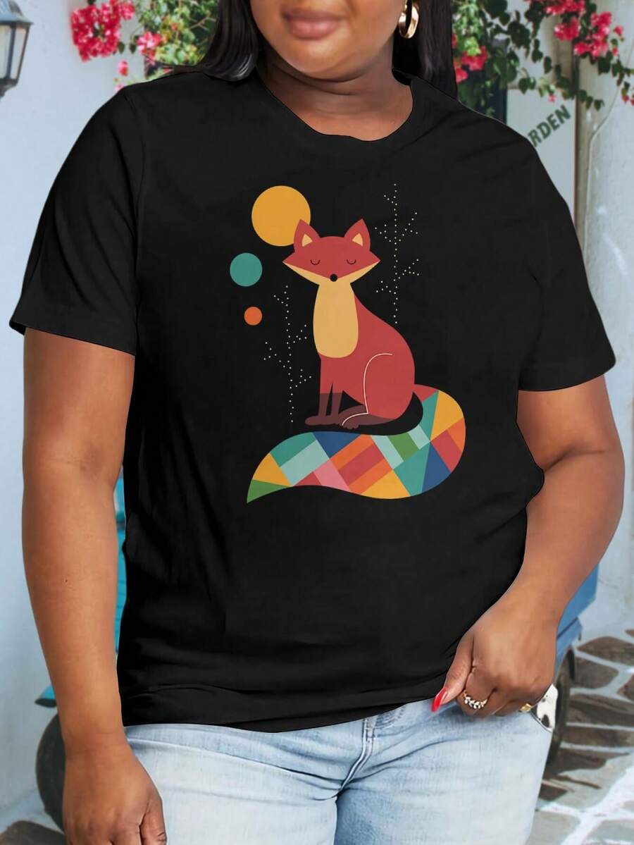 Plus Size Rainbow Fox Oversize Women T-Shirt Cute Lovely Special For Ladies - màu đen - Xem 1
