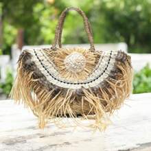 Summer Beach Sling Bag, Handmade Raffia Tote Bag With Shell Flower Decor, Large Capacity Raffia Beach Bag With Shell And Feather Decor, Fashionable Design, Classic Minimalist Style - Natural - View 2