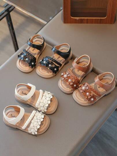 1 Par de Sandalias de Playa Tejidas con Decoración de Flores para Niños, Zapatos Casuales de Punta Abierta de Moda para Niños y Niñas con Diseño Deslizante