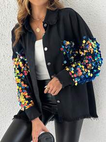 ChicMe Contrast Color Sequin Long Sleeve Jacket, Button Front, Fuzzy Hem, Loose Shirt Style Top - Multicolor - View 5