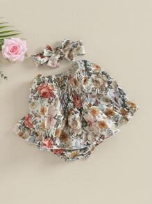 Newborn Girl Outfit, Long Sleeve Off-Shoulder Flower Print A-Line Romper Dress With Headband Clothes