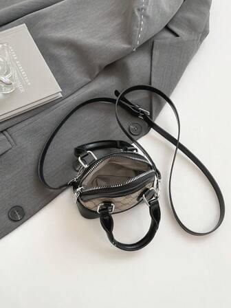 1st Mini 2-handtag PU-läder Crossbody-väska med tryckt dekor, dragkedja, mångsidig för läppstift och hörlurar