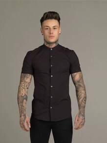 Men's Luxury Priest Collar Dress Shirt With Short Sleeve Slim Fit Linen And Viscose Premium Fabric - 黑色 - 查看 5