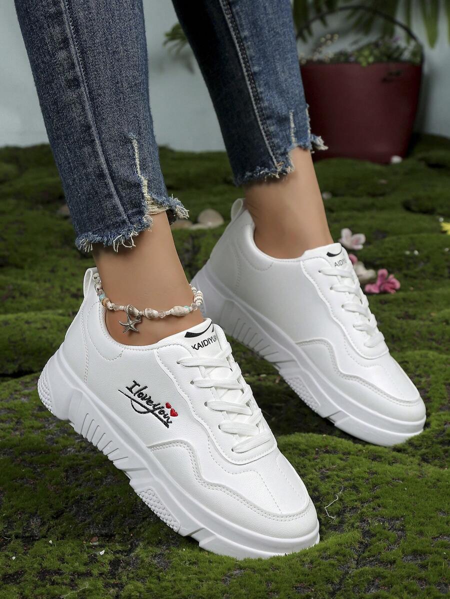 Women's White Sneakers, Casual Canvas Platform Shoes, Non-Slip Increase Height Leather Shoes For Students - White - View 1