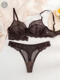 1 Conjunto de lencería sexy y cómoda de unicolor con encaje para mujer