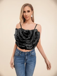 Spaghetti Strap Top With Floral Decoration - Black - View 4