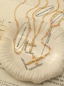 3 Pcs Pink Zirconia Crystal Decor Cross Necklaces Set For Women Beads Necklaces , Women Y Chain Necklaces Set