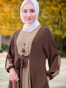 Fashionable Women's Patchwork Contrast Color Modest Waist Elastic Cuff Round Neck Long Sleeve Dress, Dignified And Proper Eid Spring - Brown - View 2