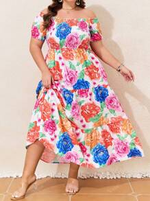 Plus Size Off Shoulder Short Sleeve Floral Print Layered Vacation Dress