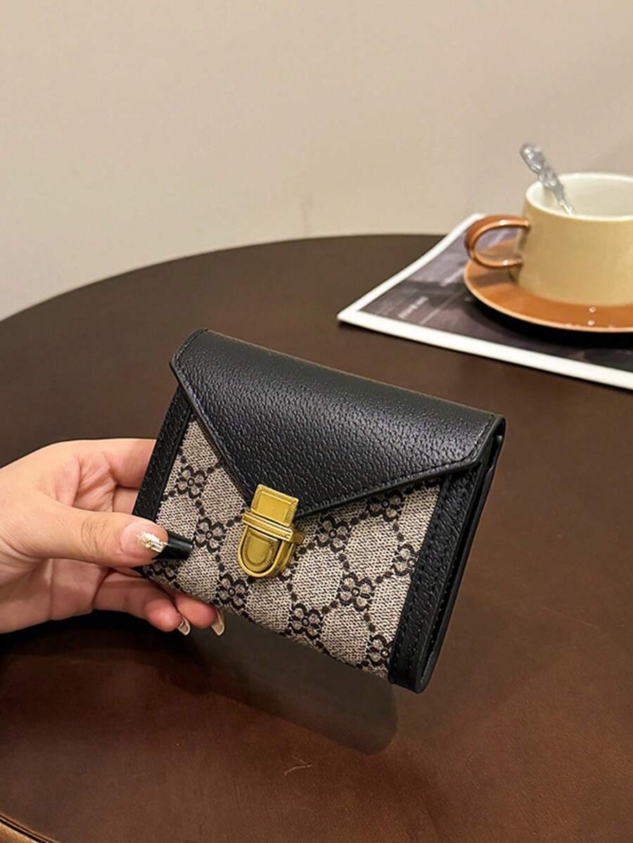 New Floral Pattern Women's Short Wallet Anti-Theft Card Holder Purse Fashion Gold Lock Tri-Fold Coin Purse Stylish Ins Multi-Card Slots Lightweight Clutch For Women Wallet Mini Wallet Purse Wallet Small Wallet - Black - View 1