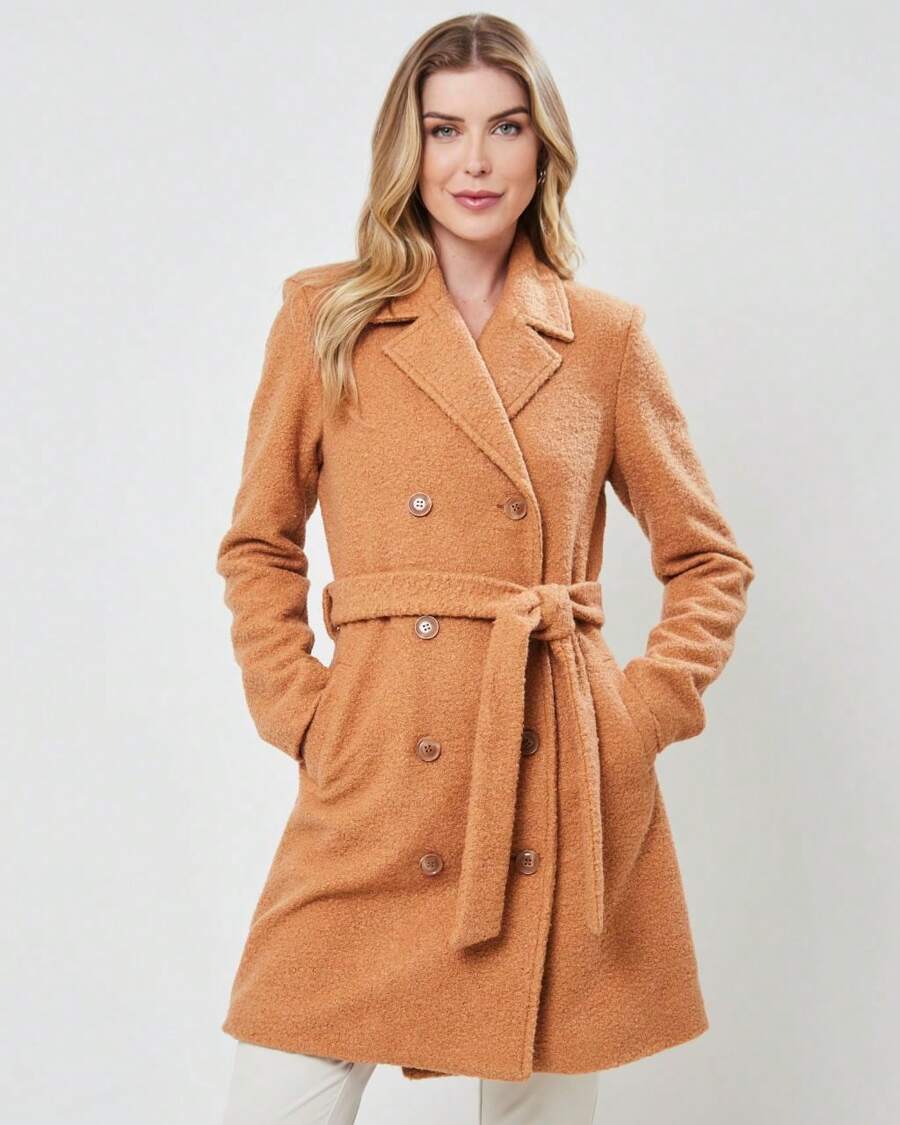 Sobretudo Feminino em Lã Batida com Cinto Ajustável e Fechamento por Botões - Caramelo - Visão 1