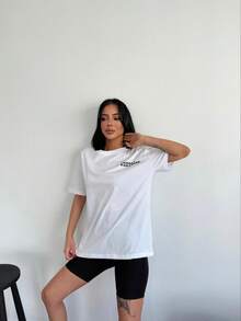 Women Round Neck Short Sleeve Letter Print Simple T-Shirt, Casual Everyday Wear - White - View 3