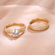 2pcs Wedding Engagement Rings, Elegant Copper & Zirconia Stone Couples Ring Set, Fashion Jewelry Gift For Anniversary, Valentine's Day,Mom,Mother,Mother's Day,Gift