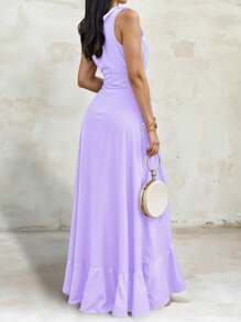 Women's Elegant Off Shoulder Deep V Neck Ruffle Leg Slit Maxi Dress - Lilac Purple - View 4