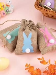 6 件装复活节麻布袋抽绳礼品袋复活节兔子亚麻黄麻袋带尾巴礼品袋袋狩猎袋派对礼品袋巧克力糖果袋适用于复活节生日零食 - 彩色 - 查看 4