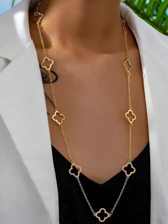 1pc Stylish European & American Minimalist Clover Hollow Metal Gold Necklace For Women