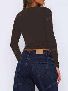 Women's Y2K Sexy Slim-Fit Lace Trim Deep U-Neck Long Sleeve Top