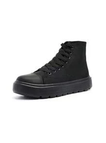 Women's Lightweight High-Top Canvas Sneakers, Breathable Comfortable Lace-Up Thick Sole Versatile White Athletic Shoes, Suitable For All Seasons - Black - View 3