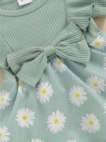 Vestido de bebé niña con estampado de margaritas, mono de manga corta con cuello redondo y lazo en la diadema - Verde - Ver 5