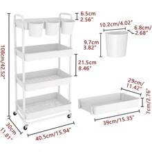 4-Tier Plastic Rolling Storage Cart Utility Cart With Extra Hanging Cups Handles Lockable Wheels For Living Room Bathroom Kitchen Office White