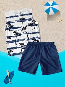 男士夏季度假椰子树印花无袖背心和短裤套装 - 彩色 - 查看 6