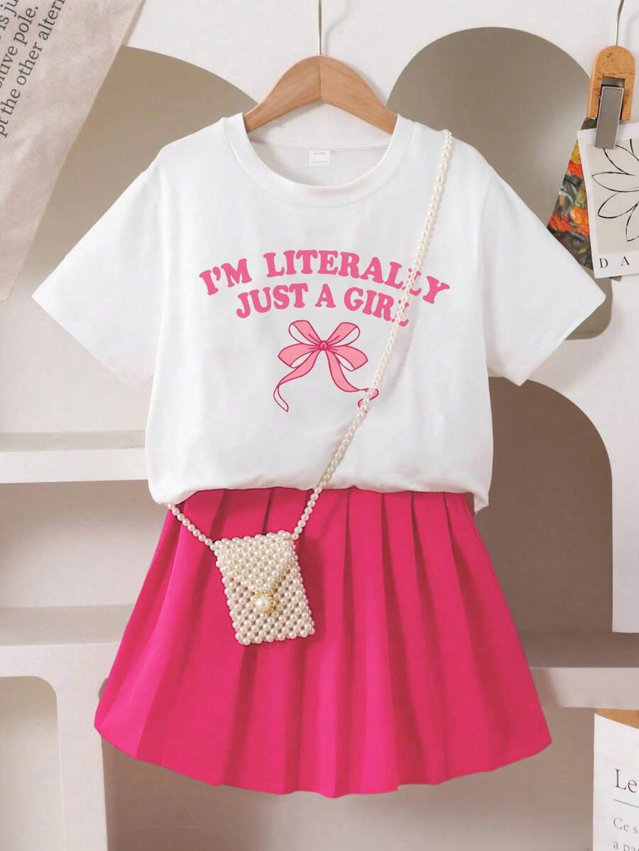 Bộ áo thun cổ tròn tay ngắn in họa tiết 2 món và chân váy xếp ly cho bé gái tuổi mới lớn, Xuân/Hè - Nhiều màu - Xem 1