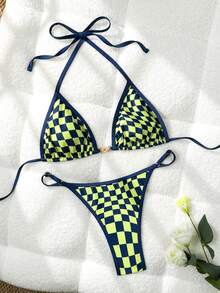 Women's Fashionable Sexy Spaghetti Strap Swimsuit Set, Plaid Print Bikini, Elegant Summer Outfit, Suitable For Summer Vacation, Party, Beach Holiday, Carnival