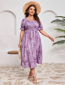 Yesfashion Womens Puff Sleeve Cute Summer Dress Plus Size Smocked Floral Midi Dress Ruffle Square Neck Casual Dress - Purple Floral - 查看 3