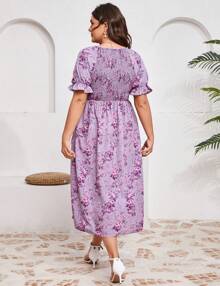 Yesfashion Womens Puff Sleeve Cute Summer Dress Plus Size Smocked Floral Midi Dress Ruffle Square Neck Casual Dress - Purple Floral - 查看 2